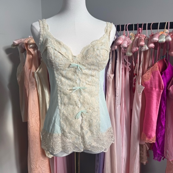 Vintage baby blue and cream Lace Trim cami sheer fairy core coquette lace up 34 - Picture 9 of 10